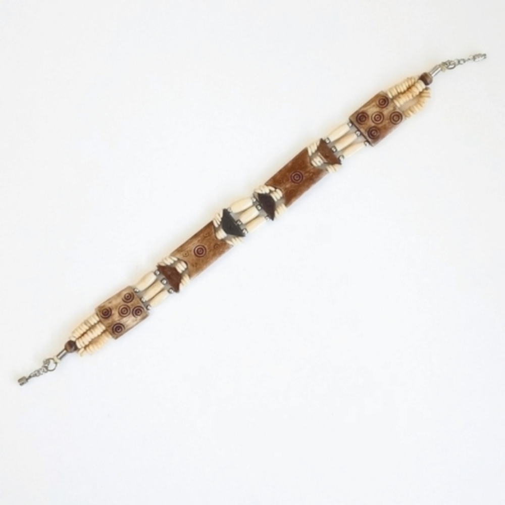 Unique Vintage Bohemian Bone Resin & Beaded Tribal Choker or Bracelet 13" Length